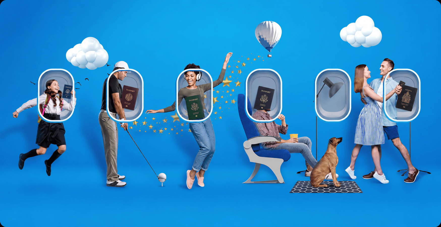 Viajeros con pasaporte y equipaje listos para volar